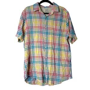 Chaps Mens Multicolor Plaid Linen Shirt Sz L Seacoast Wash Pastel Resort Vacay